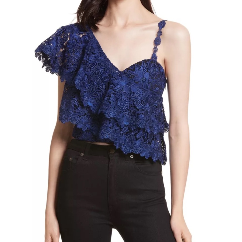 ALICE + OLIVIA SABA ONE SHOULDER  RUFFLE  CUT OUT LACE BLUE TOP size 0